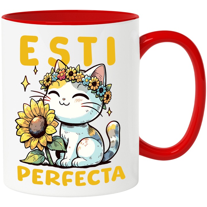 Cana cu Pisica Vesela Cu Coroana De Flori Floarea Soarelui Text Esti Perfecta, Ceramica, 330ML, cu Maner Rosu