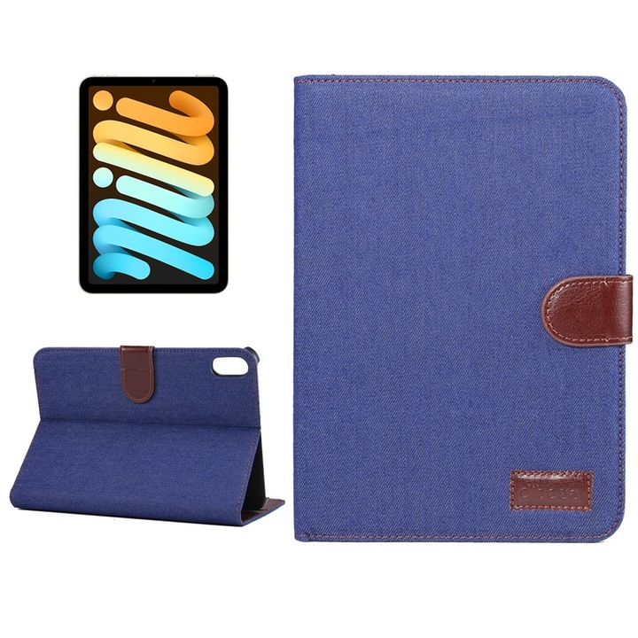 Husa tableta compatibila cu iPad Mini 6, Textura din denim, Culoare albastru inchis