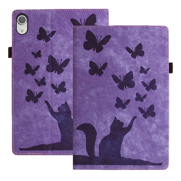 Husa tableta compatibila cu iPad Mini 2024/2021, Papillon Pisica, Piele Embosata, Violet