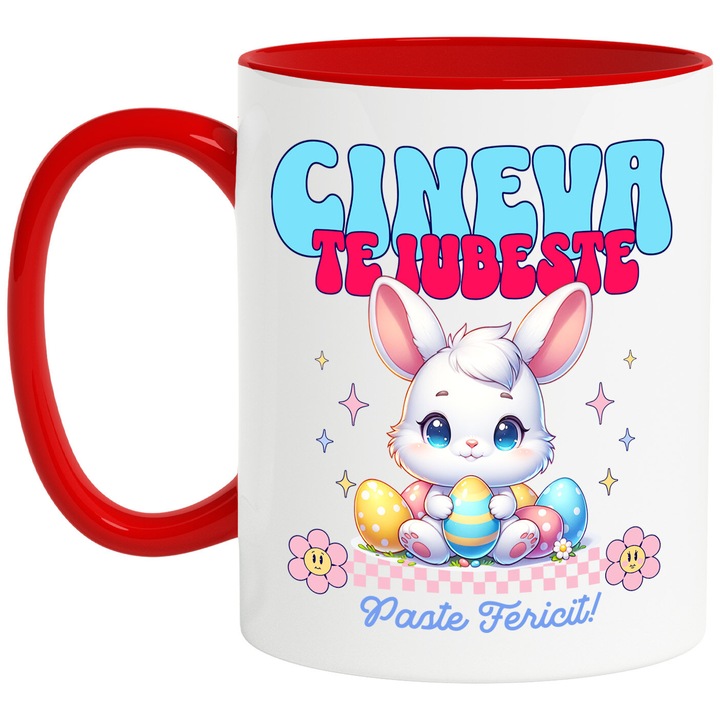Cana cu Iepure Alb Cu Ochii Albastru oua Colorate Text Cineva Te Iubeste Paste Fericit, Ceramica, 330ML, cu Maner Rosu