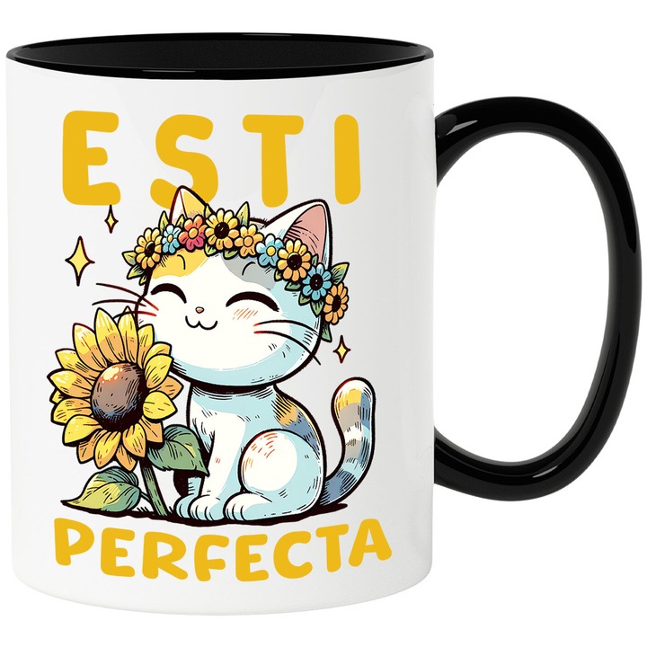 Cana cu Pisica Vesela Cu Coroana De Flori Floarea Soarelui Text Esti Perfecta, Ceramica, 330ML, cu Maner Negru