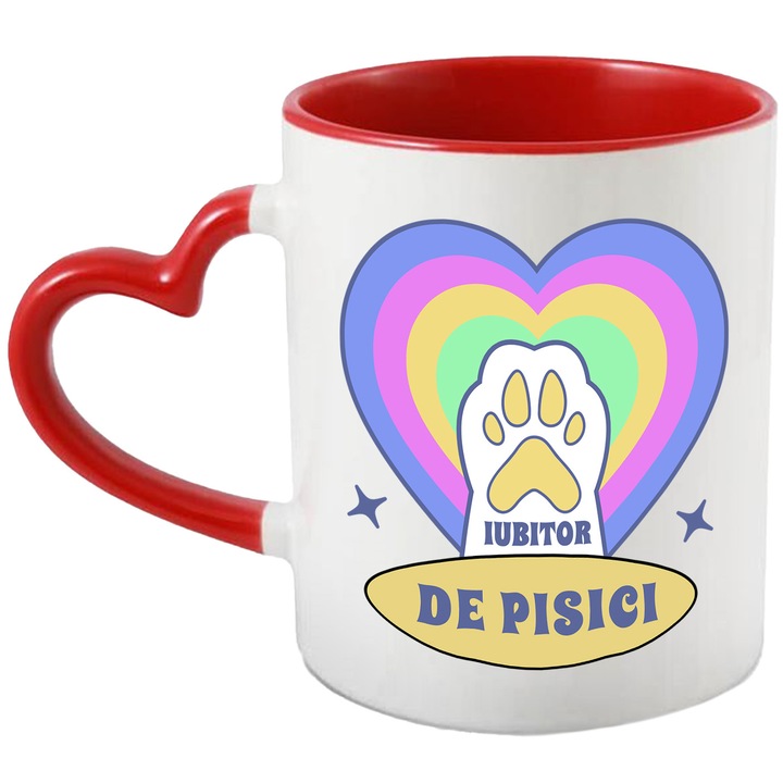 Cana cu Labuta De Pisica Alba Inima Multicolor text Iubitor De Pisici, Animal Blanos, Ceramica, 330ML, cu Maner Inima Rosie