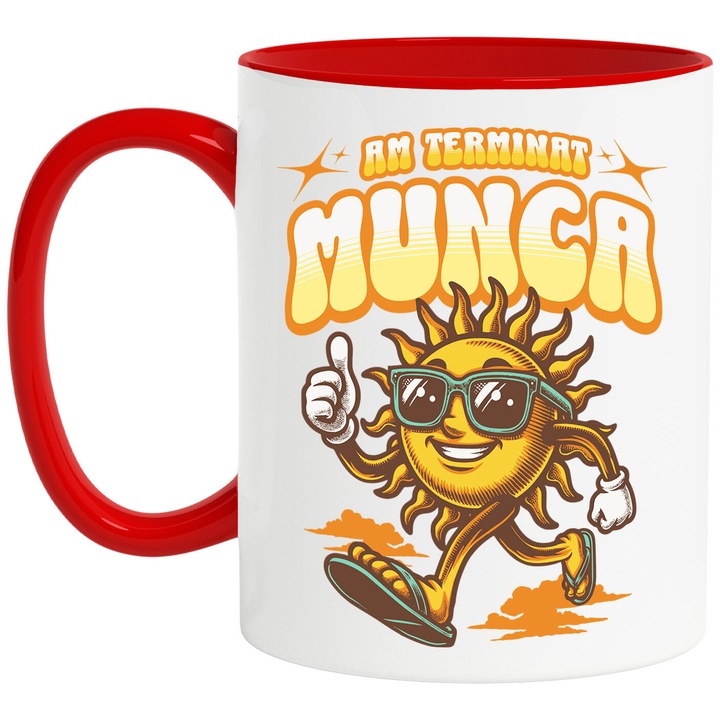 Cana cu Soare Cu Ochelari Vesel La plaja cu Papuci Text Am Terminat Munca, Copii, Vacanta, Ceramica, 330ML, cu Maner Rosu
