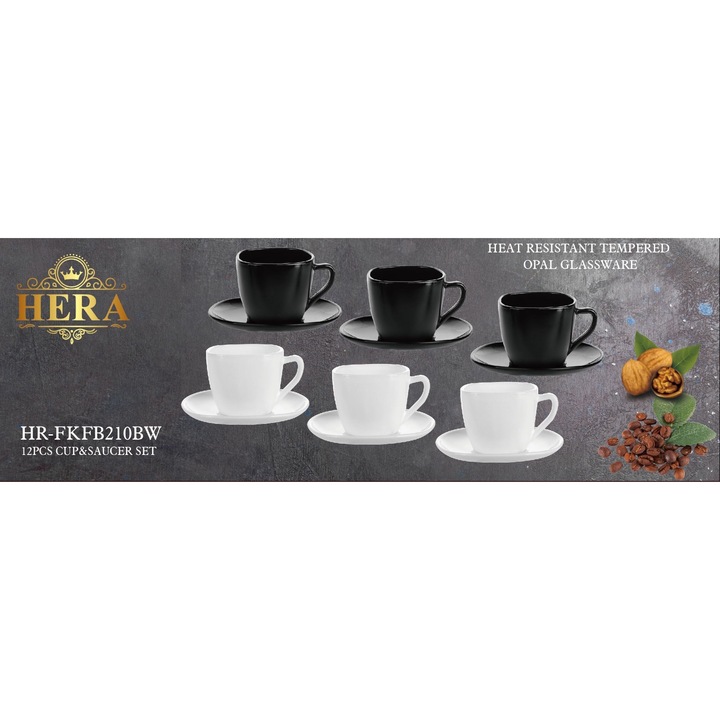 Set 12 piese cafea, ceai din opal Hera Black & White, 190 ml