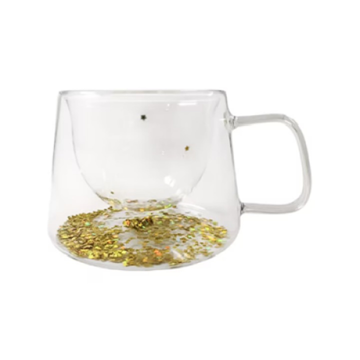 Cana din sticla cu perete dublu, stelute aurii la interior, 180 ml, izolatie termica eficienta