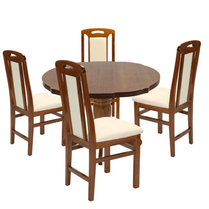 Set masa living si bucatarie extensibila SB Fan, MDF, 100-133,5x99x74 cm si 4 scaune SB Tim, lemn masiv, tapiterie stofa, nuc