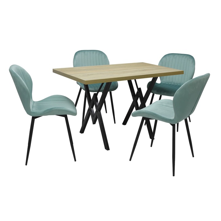 Set masa fixa Arta Stejar cu 4 scaune Opal verde fistic, picioare negre, tapiterie din material textil, dreptunghiulara, blat din PAL laminat, 120x70x75 cm