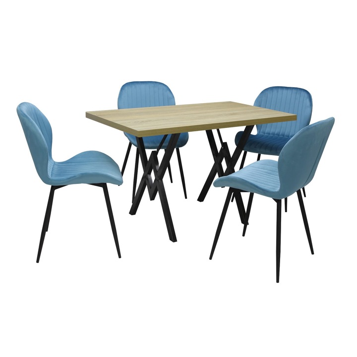 Set masa fixa Arta Stejar cu 4 scaune Opal Blue, picioare negre, tapiterie din material textil, dreptunghiulara, blat din PAL laminat, 120x70x75 cm