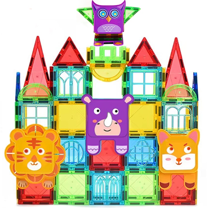 Конструктор с магнитни плочки и животни, Novotoys, 100 части, 6,5 см, магнитни плочки 3D, креативна и образователна STEM играчка, многоцветен, 3 години +