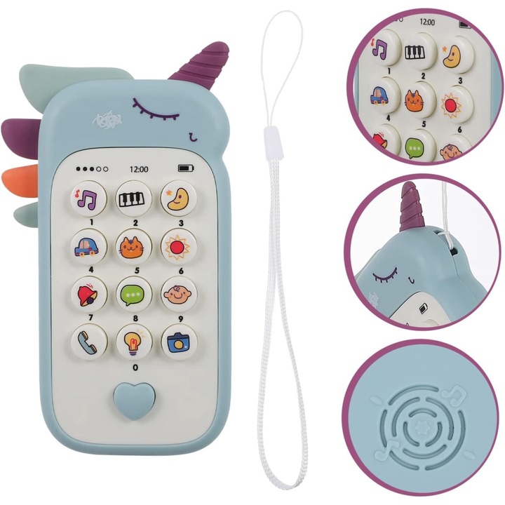 OEM Interaktív játék / telefon egyszarvú formájú, 12 funkciós, műanyag - kék