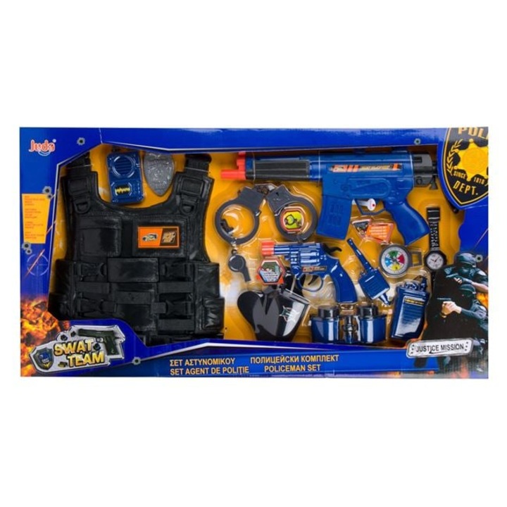 Set Politist – 8 Piese- Vesta, Catuse, Arma cu Sunet si Lumini, Mitraliera, Binoclu, Ceas, Statie, Fluier- Multicolor