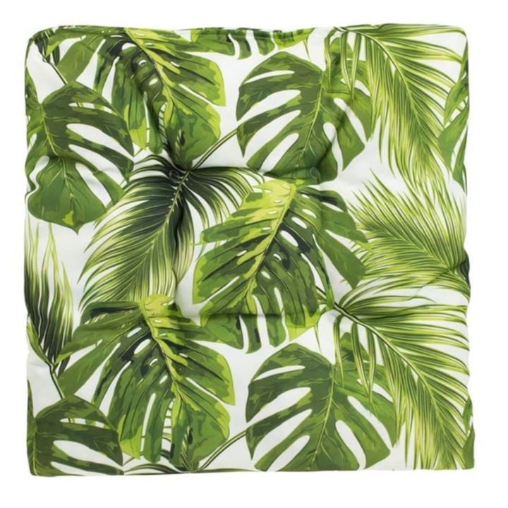 Perna scaun, de exterior, cu doua fete, material impermeabil, ecru cu model frunze tropicale, 40x40x8cm