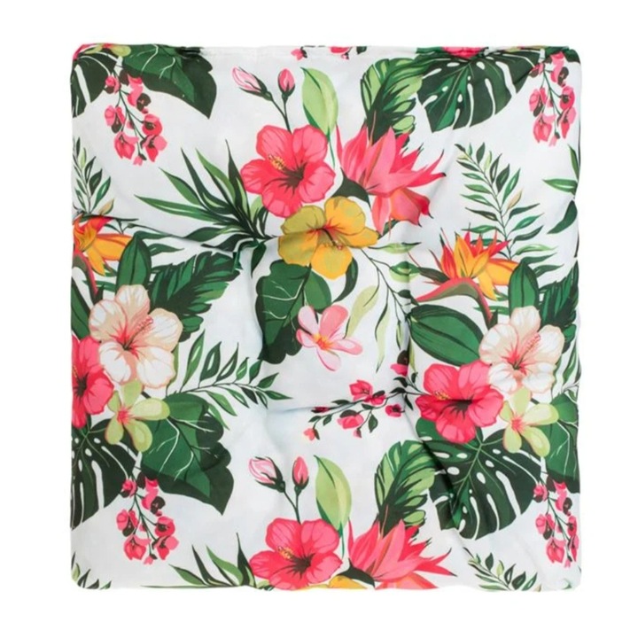 Perna scaun, de exterior, cu doua fete, material impermeabil, alb cu model flori si frunze, 40x40x8cm