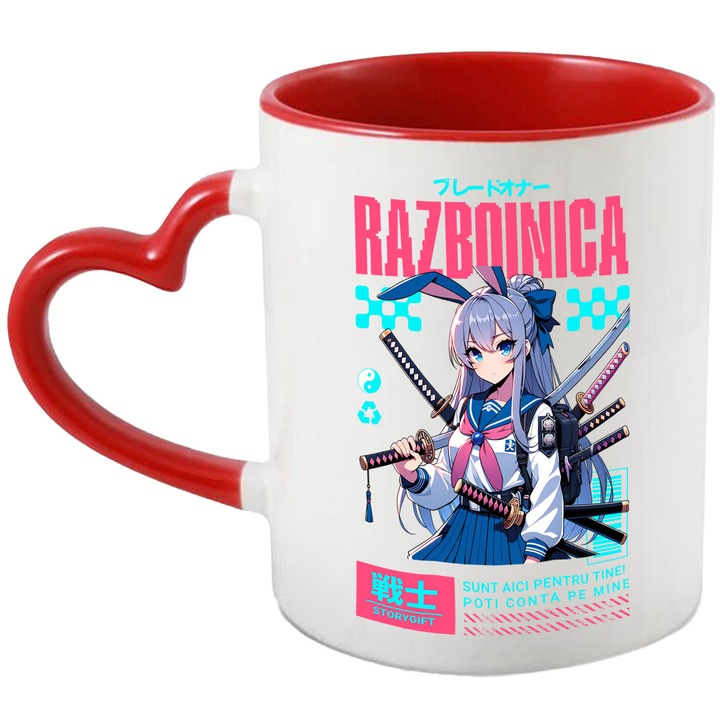 Cana cu Fata Stil Asiatica Cu ar Mov Sabii Ninja Razboinica text Sunt Aici Pentru Tine Poti Conta pe Mine, Ceramica, 330ML, cu Maner Inima Rosie