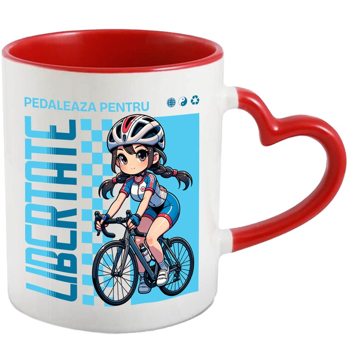 Cana cu Fata Stil Anime Profesionista Pe Bicicleta Casca Sport Text In Limba Romana Pedaleaza Pentru Libertate, Ceramica, 330ML, cu Maner Inima Rosie