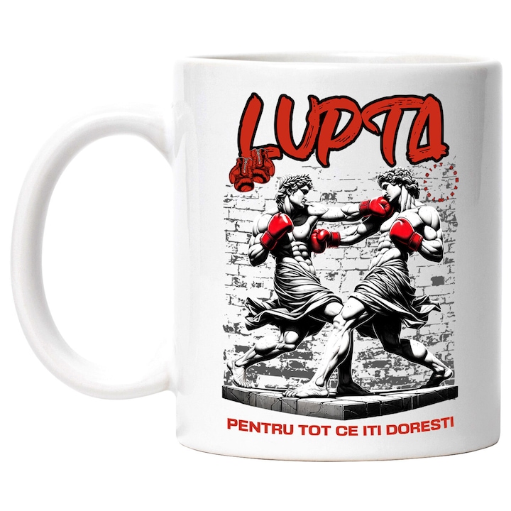 Cana cu Meci De Box Intre Statui Masculine Stil grecesc Manusi Rosii Sport Contact Text Lupta Pentru Tot Ce Iti Doresti, Ceramica, 330ML, cu Maner Alb