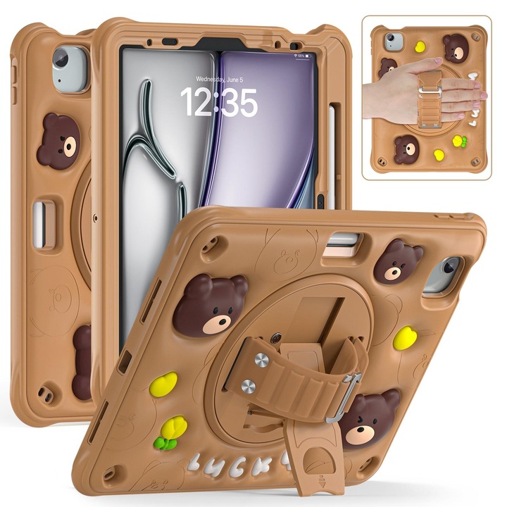 Husa tableta compatibila cu iPad Air 2024, Kickstand rotativ, Hibrud Silicon + PC, Maro
