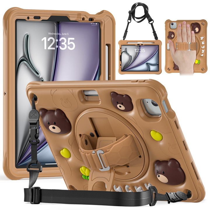Husa tableta compatibila cu iPad Air 2024, Kickstand rotativ, Hibrud Silicon + PC, Maro