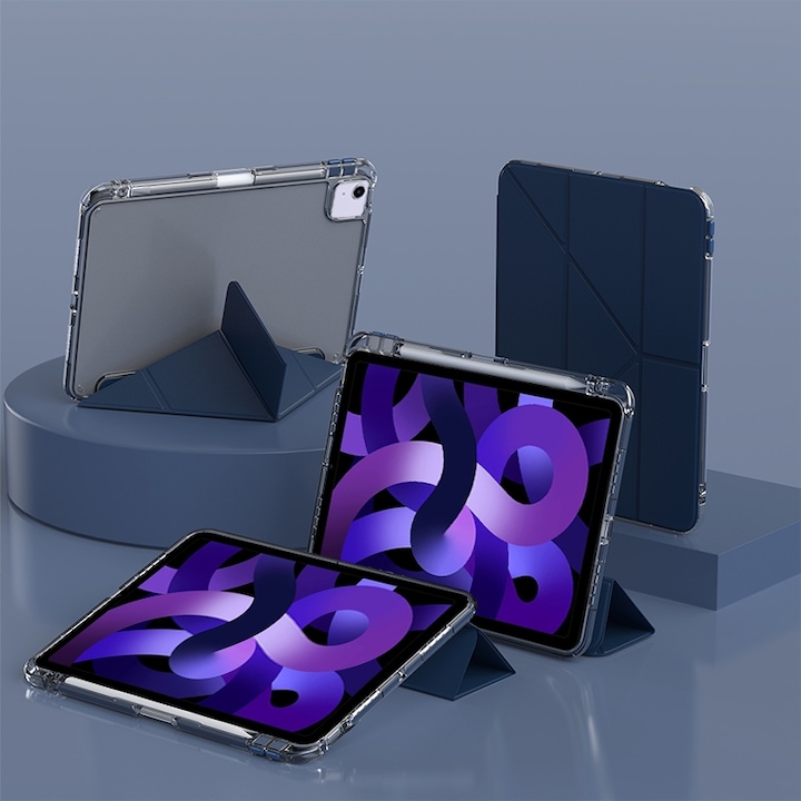iPad Air 11-gyel kompatibilis táblagép tok, Y-alakú deformáció, bőr, sötétkék