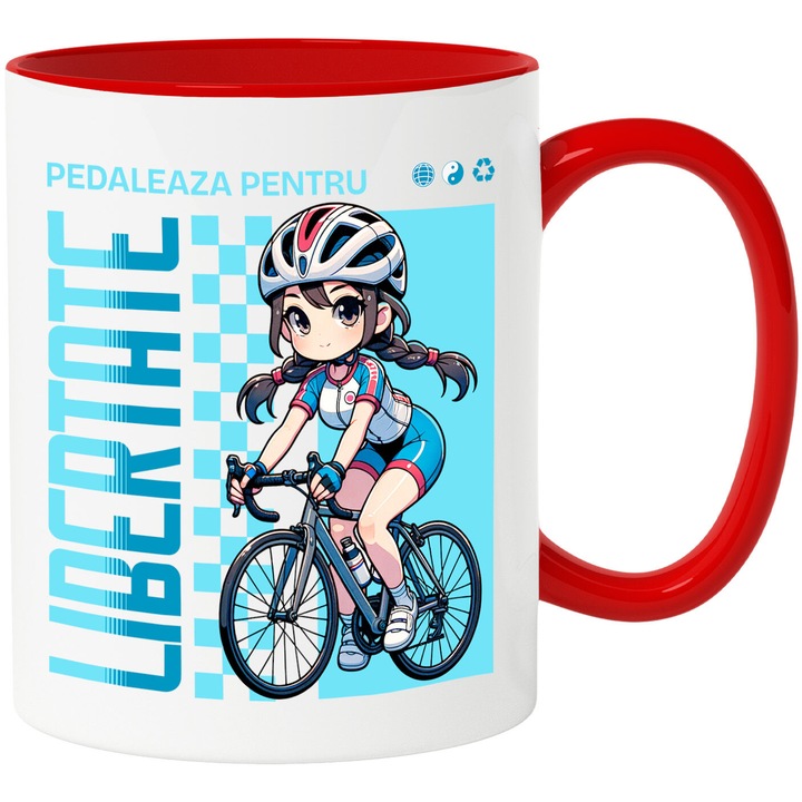 Cana cu Fata Stil Anime Profesionista Pe Bicicleta Casca Sport Text In Limba Romana Pedaleaza Pentru Libertate, Ceramica, 330ML, cu Maner Rosu