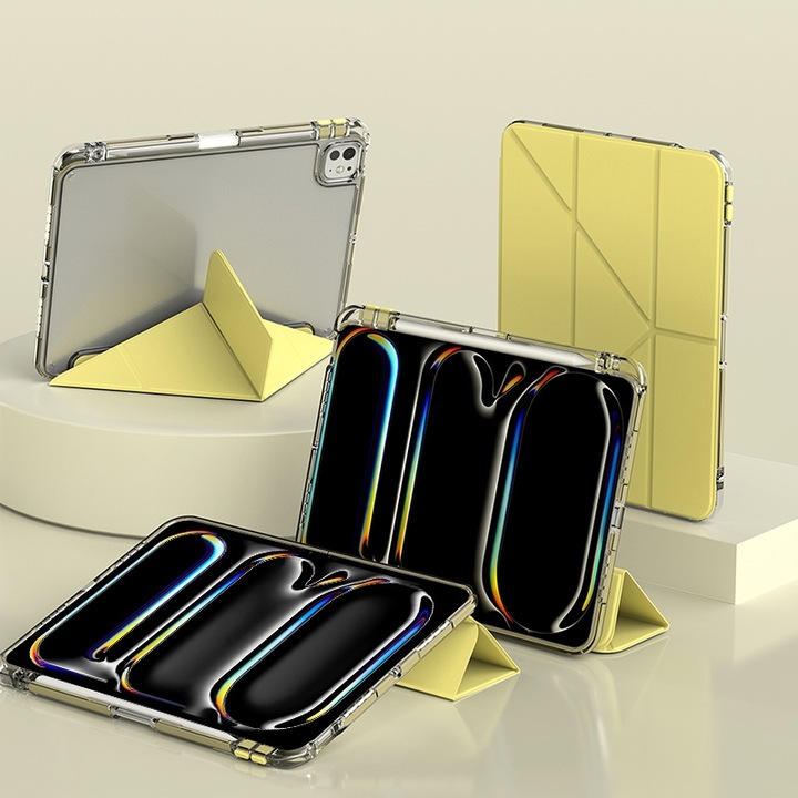 iPad Pro 11 2024 készülékkel kompatibilis táblagép tok, Y-alakú deformálható bőr, sárga