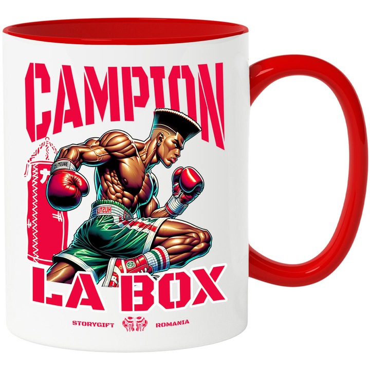 Cana cu Luptataor Box Puternic Cu Par Inalt Text In Limba Romana Campion La Box, Ceramica, 330ML, cu Maner Rosu