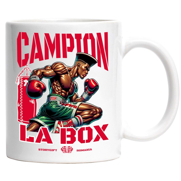 Cana cu Luptataor Box Puternic Cu Par Inalt Text In Limba Romana Campion La Box, Ceramica, 330ML, cu Maner Alb