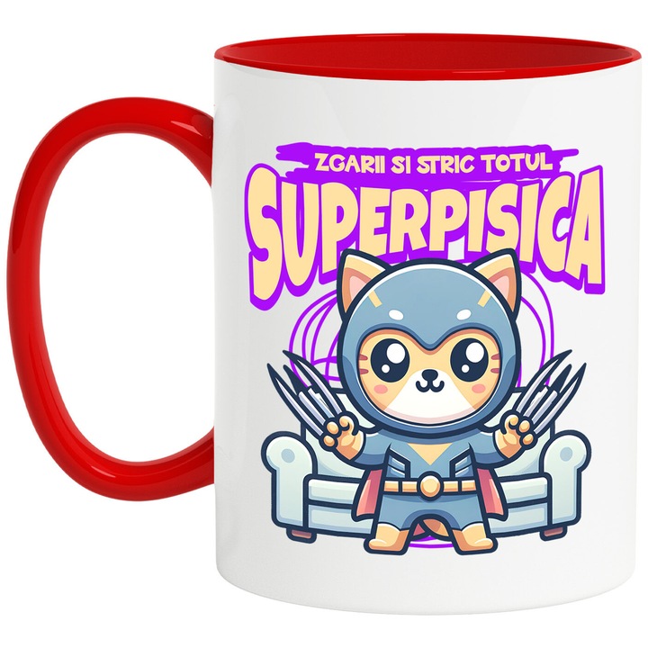 Cana cu Pisica Portocalie In Costum De Super Erou Cu Gheare Lungi Text Haios Zgarii Si Stric Totul, Ceramica, 330ML, cu Maner Rosu