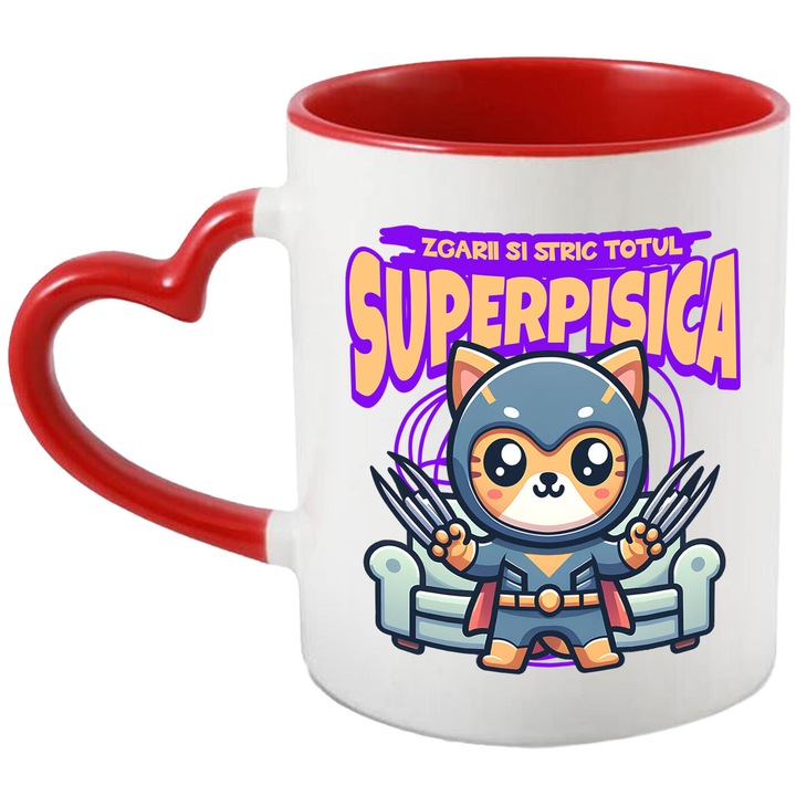 Cana cu Pisica Portocalie In Costum De Super Erou Cu Gheare Lungi Text Haios Zgarii Si Stric Totul, Ceramica, 330ML, cu Maner Inima Rosie