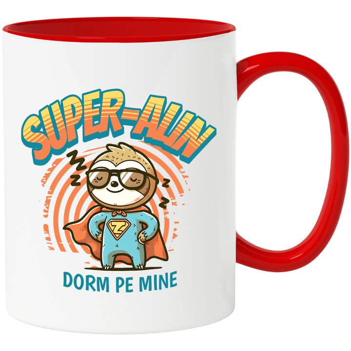 Cana cu Animal Lenes Cu Costum De Super Erou Desene Animate Text Super-Alin Dorm Pe Mine, Ceramica, 330ML, cu Maner Rosu
