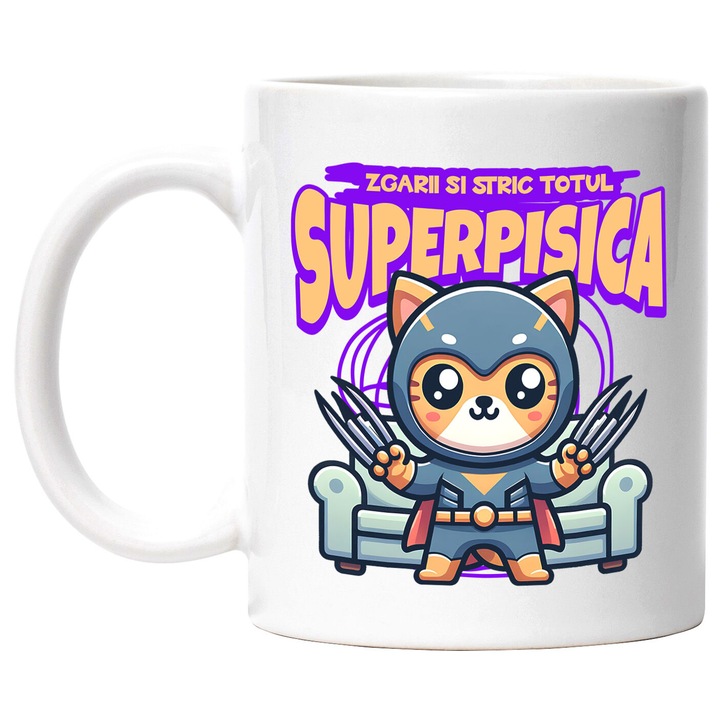 Cana cu Pisica Portocalie In Costum De Super Erou Cu Gheare Lungi Text Haios Zgarii Si Stric Totul, Ceramica, 330ML, cu Maner Alb