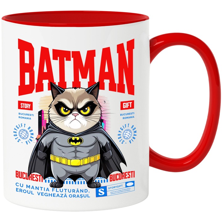 Cana cu Pisica Morocanoasa / Grumpy cat Pisica In Costum de BatMan cu Pelerina, Erou Nocturn, Desene animate, Copii, Iubitorii de Animale, Ceramica, 330ML, cu Maner Rosu