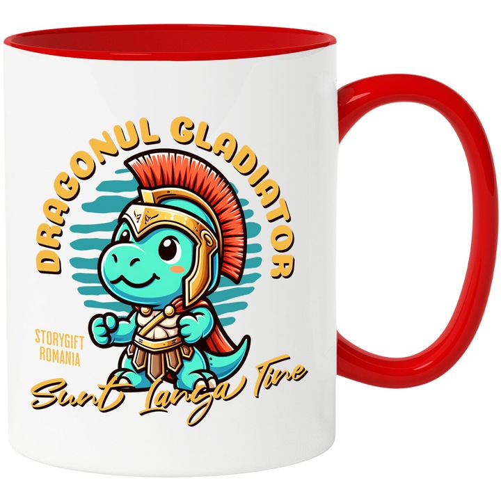 Чаша с дракон със злато и наметка на гладиатор, надпис „До теб съм, детски анимационни филми“, керамика, 330 мл, с червена дръжка