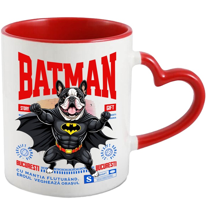 Cana cu Bulldog Caine In Costum de BatMan cu Pelerina, Erou Nocturn, Desene animate, Copii, Iubitorii de Animale, Ceramica, 330ML, cu Maner Inima Rosie