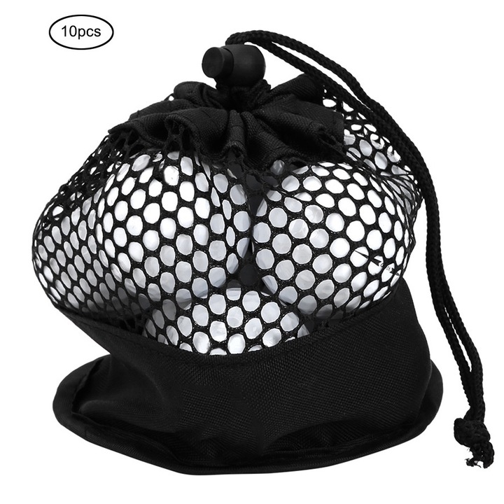 Set 10 mingi golf albe din surlyn, structura cu doua straturi, rezistente, cu sac de plasa