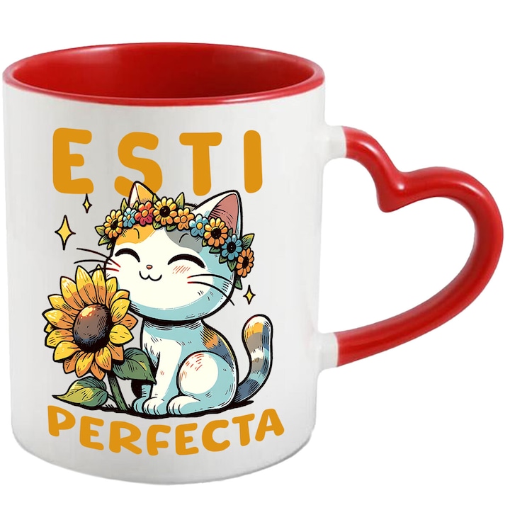Cana cu Pisica Vesela Cu Coroana De Flori Floarea Soarelui Text Esti Perfecta, Ceramica, 330ML, cu Maner Inima Rosie
