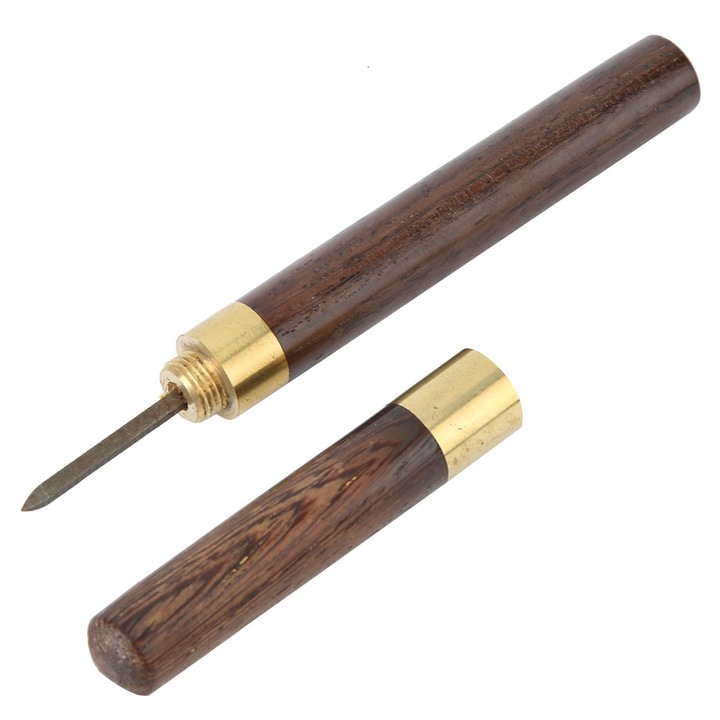 Pumnal de cusut pentru piele, Enforose, cu maner din lemn, cu capac, maro, 5mm
