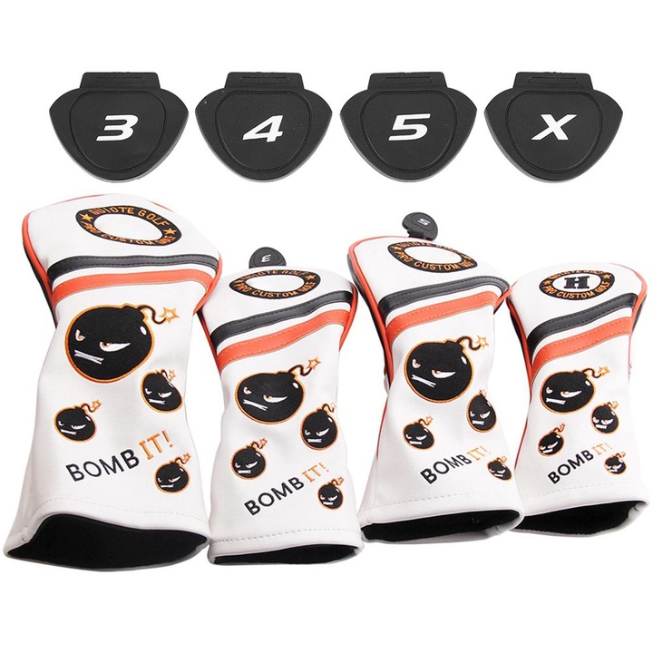 Set 4 capace protectie pentru crose golf, Enforose, din piele PU, model bombat, alb