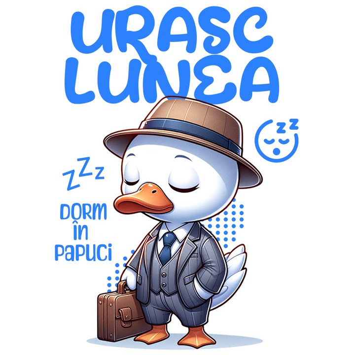 Sticker cu Rata Alba Eleganta Cu Costum Si Servieta Text Haios Urasc Lunea Dorm In Papuci cu Margini Albe, PVC Vinyl 28 cm