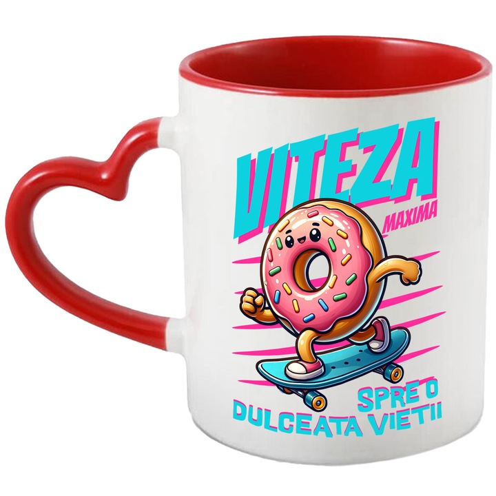 Cana cu Gogoasa Glazurata Roz Pe Placa De Skateboard Sport Text In Limab Romana Viteza Spre O Dulceata DE Viata, Ceramica, 330ML, cu Maner Inima Rosie