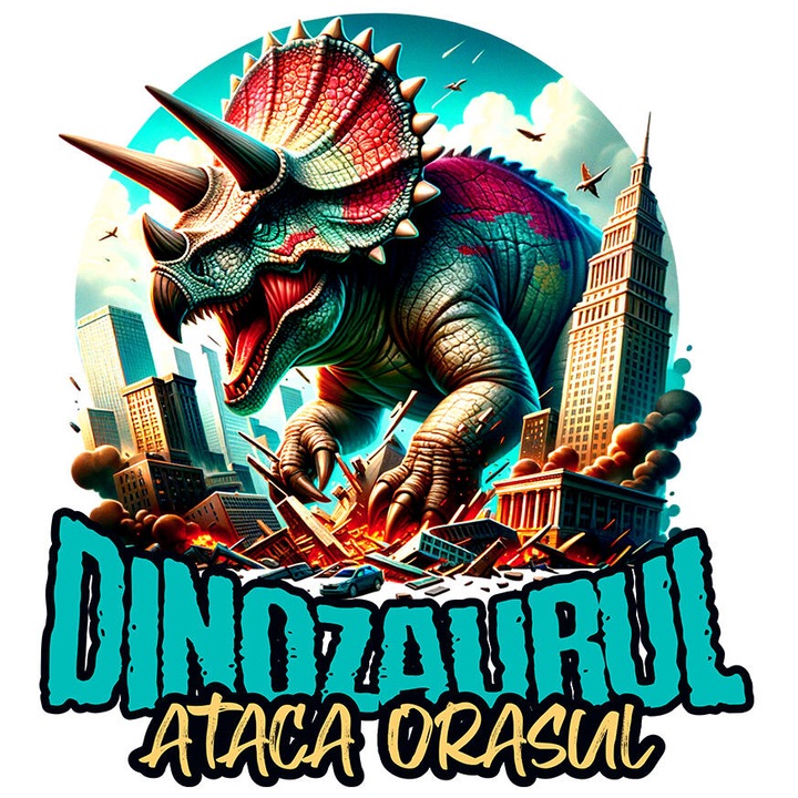 Sticker cu Dinozaur Fioros Distruge Oras 3D Text Dinozaurului Ataca Orasul, Copii, Desene animate cu Margini Albe, PVC Vinyl 10 cm