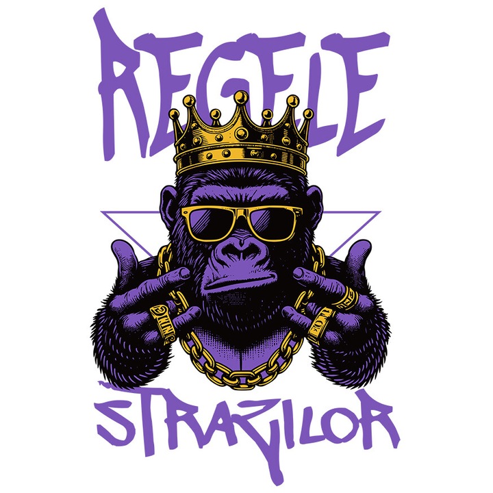 Sticker cu Gorila Mafiot Milionar Cu Ochelari De Soare Coroana regala Medalion Masiv De Aur Text Regele Strazilor cu Margini Albe, PVC Vinyl 90 cm