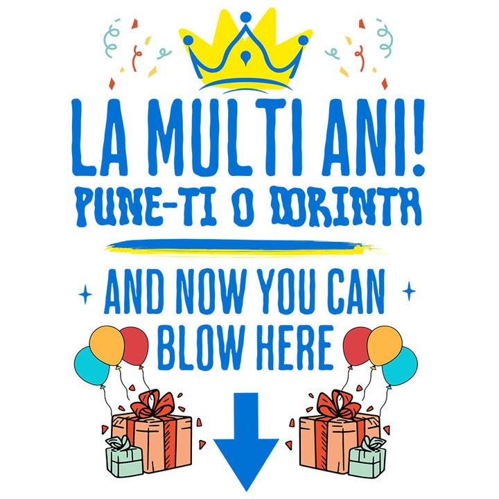 Sticker cu Design Colorat Coroana Regala Cadouri Baloane Colorate Text In Limba La Multi Ani Pune-ti O Dorinta Vulgar cu Margini Albe, PVC Vinyl 90 cm