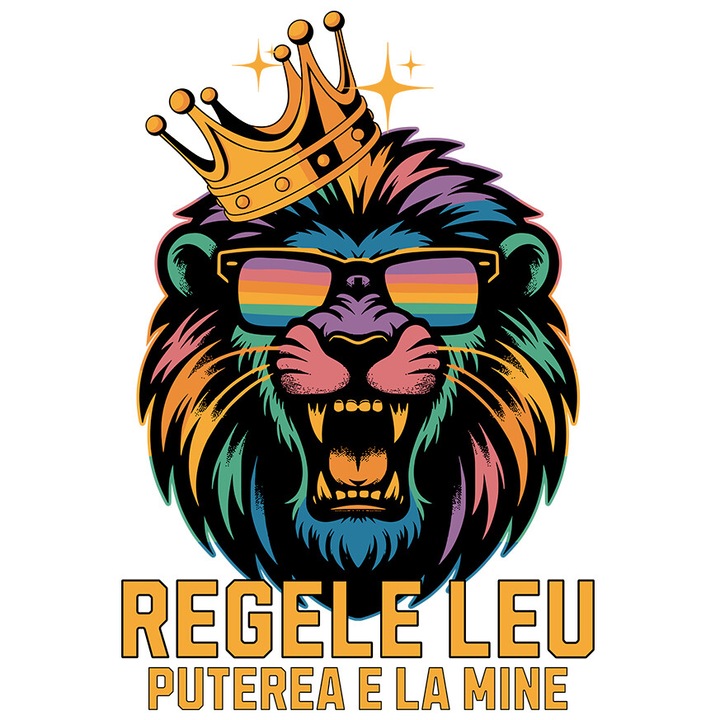 Sticker cu Portret Regele Leu Furios cu Ochelari De Soare Si Coroana De Aur Text Puterea e la Mine cu Margini Albe, PVC Vinyl 90 cm
