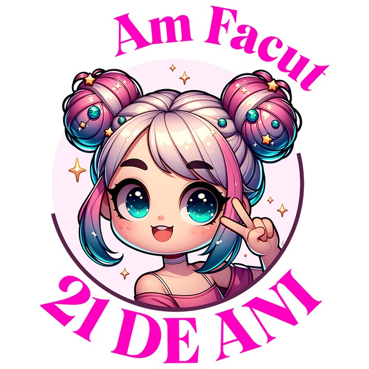 Sticker cu Fata Stil Anime Par Roz Cu Semn Pace Text Am Facut 20 Ani Sarbatoare Petrecere Copii cu Margini Albe, PVC Vinyl 10 cm