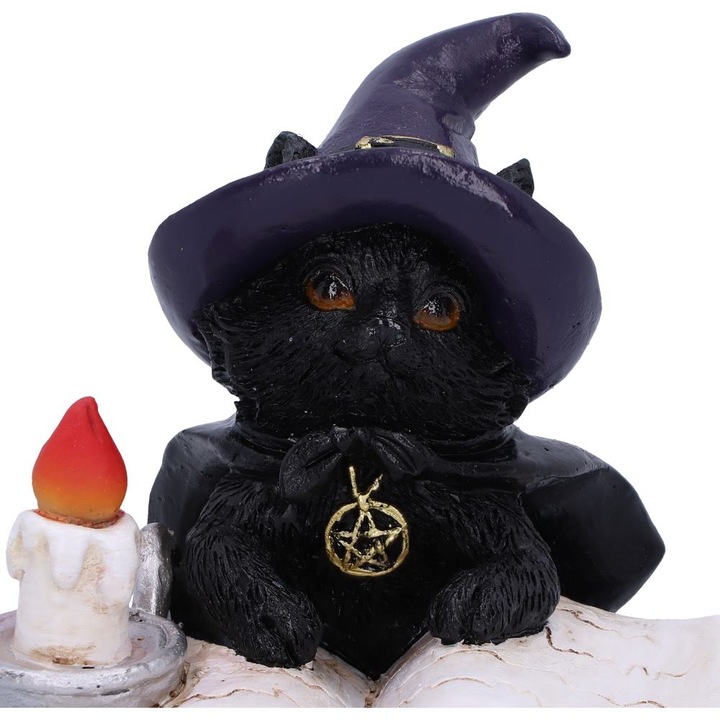 Statueta Familiar's Spell 8, 5 cm - Decoratiune gotica cu pisica neagra si carte antica