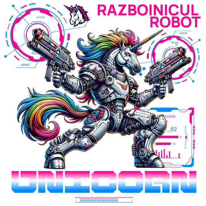 Sticker cu Robot Unicorn Cu arme, Coama multicolor Text Razboinicul unicorn cu Margini Albe, PVC Vinyl 10 cm