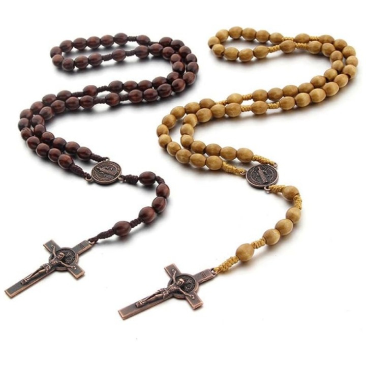 Set 2 Rozariu, pandantiv cruce, unisex, Vanaxalife®, Maro/ Bej