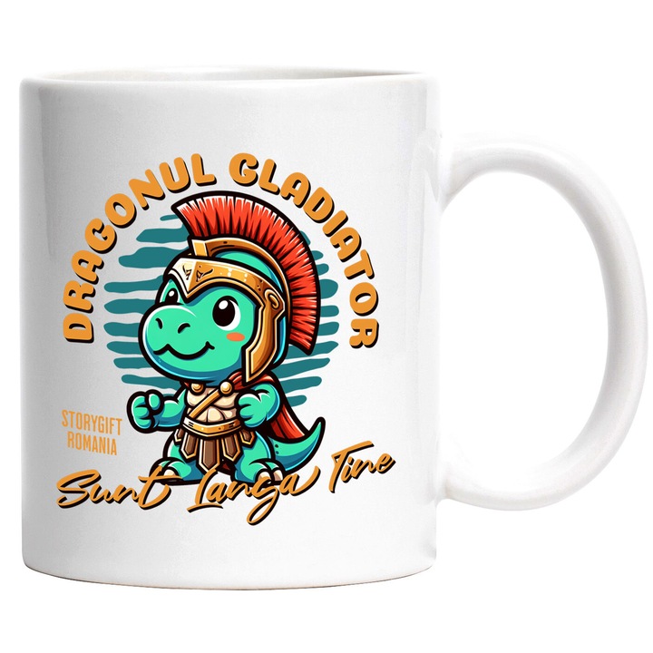 Чаша с дракон със злато и наметка на гладиатор, надпис „До теб съм, детски карикатури“, керамика, 330 мл, с бяла дръжка