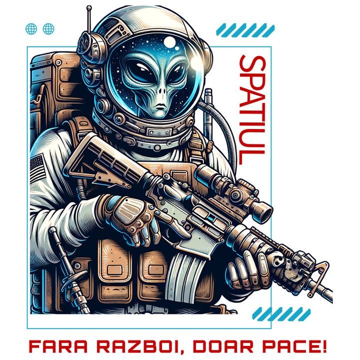 Sticker cu Extraterestru In Costum Spatial Cu Arma Text Fara Razboi Doar pace cu Margini Albe, PVC Vinyl 70 cm